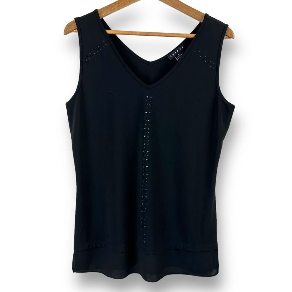Tribal black v-neck sleeveless top with black rhinestone‎ trim size M